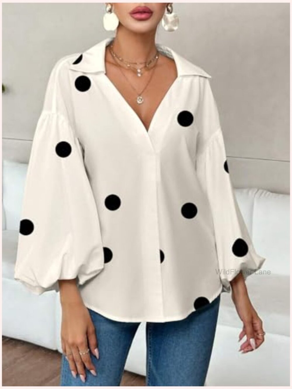 V Neck Loose Blouse Long Puff Sleeve Shirt Polka Dots Print Tops - Picture 2 of 3